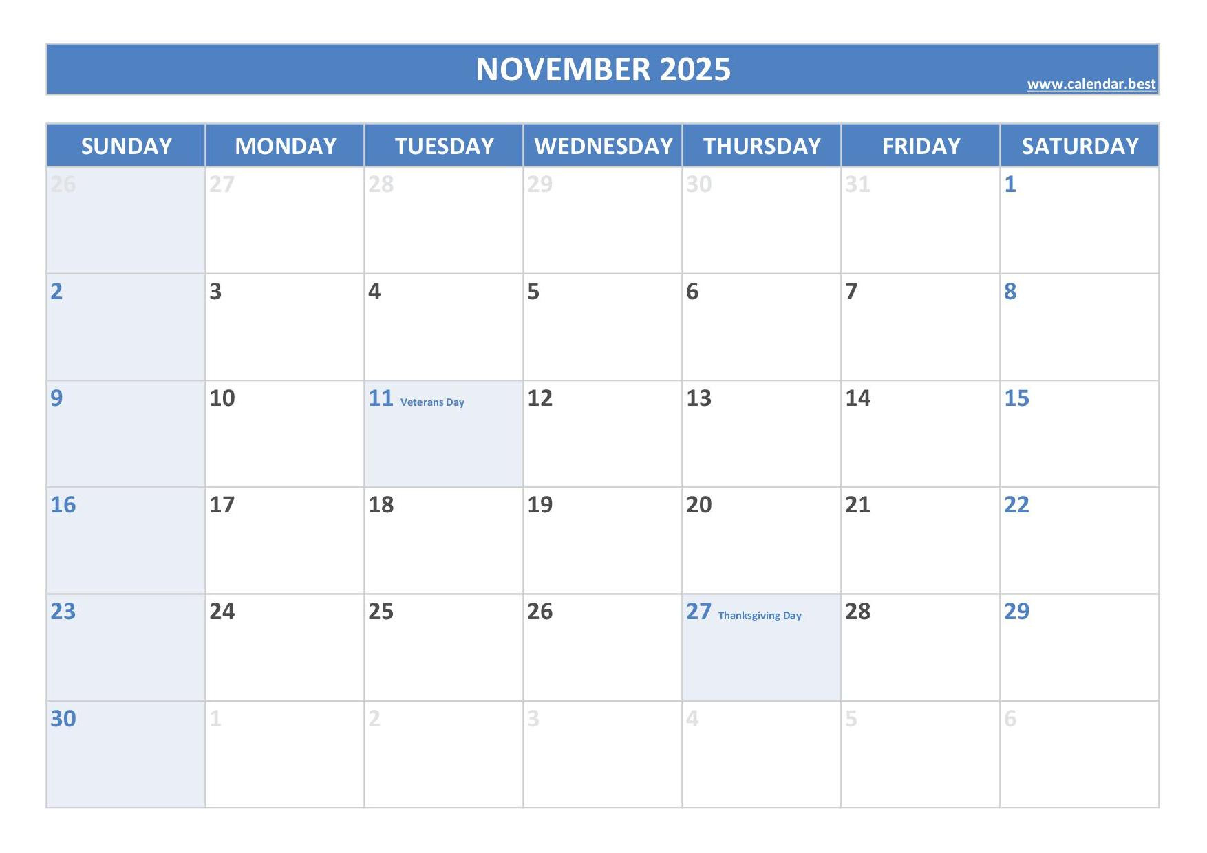 November 2025 Calendar -Calendar.best inside Printable Calendar November 2025 With Holidays