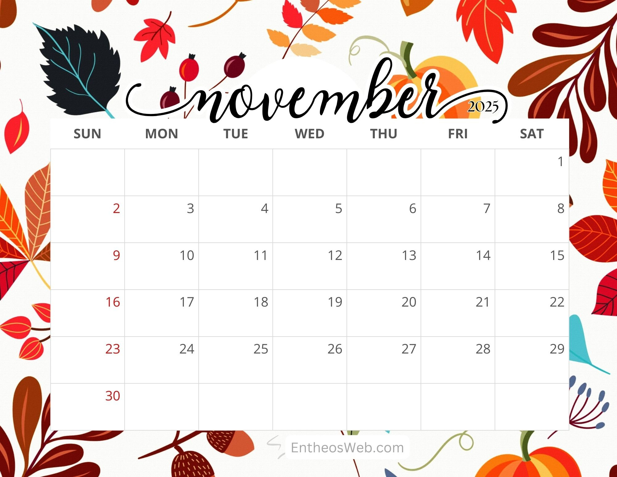 November 2025 Calendar Free Printables | Entheosweb inside Printable Calendar November 2025 Free
