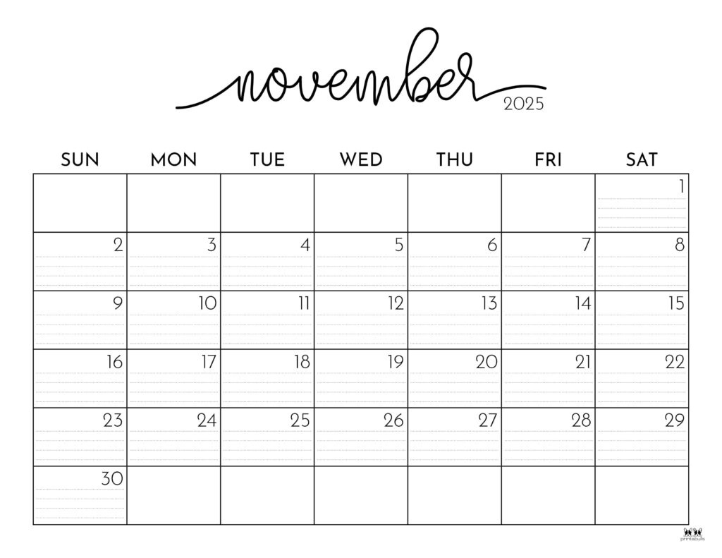 November 2025 Calendars - 107 Free Printables | Printabulls throughout November 2025 Calendar with Lines