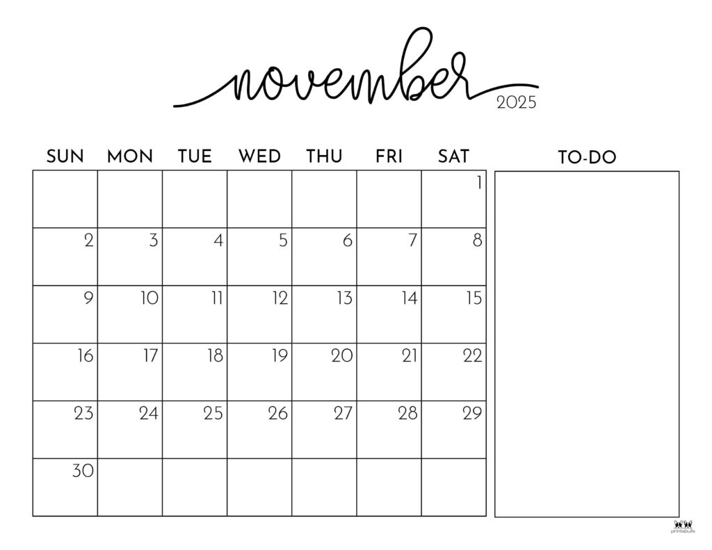 November 2025 Calendars - 107 Free Printables | Printabulls with November 2025 Calendar FREE