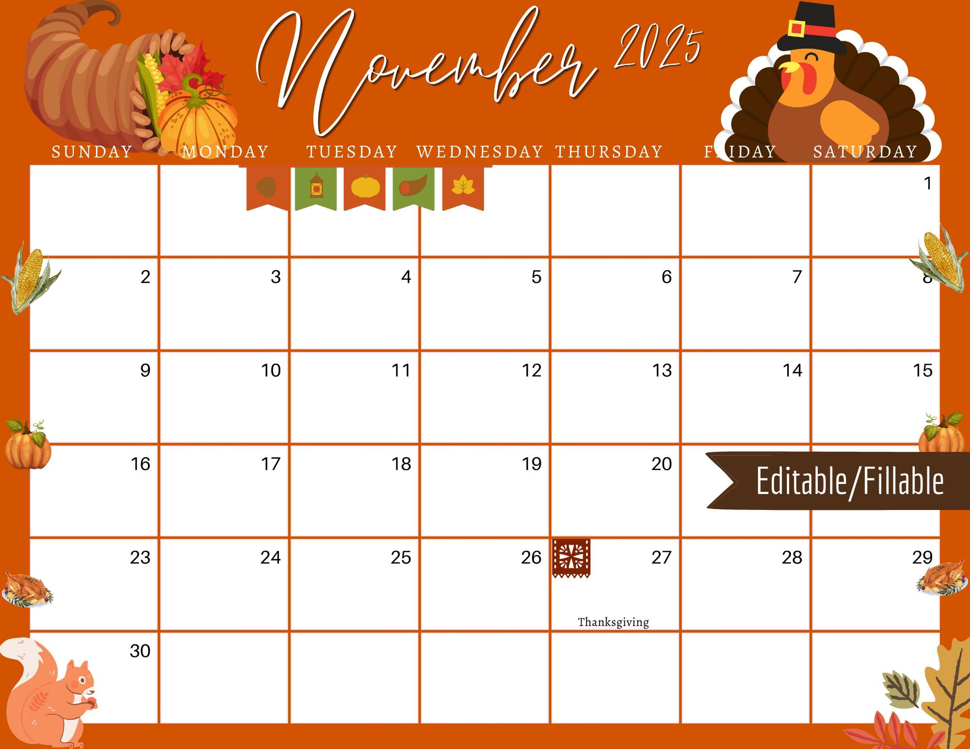 November 2025 Thanksgiving-Planer: Bearbeitbarer Druckbarer intended for November 2025 Calendar Thanksgiving