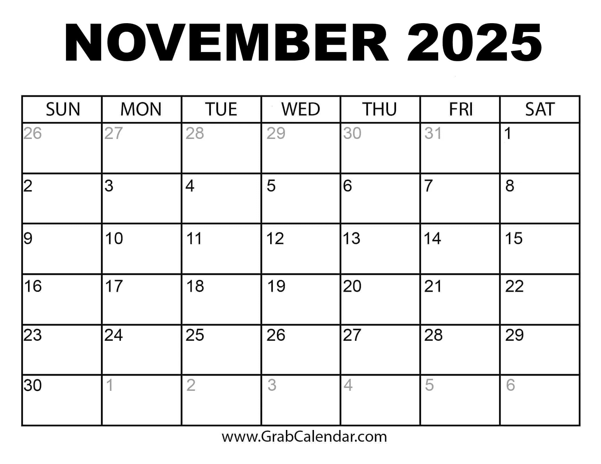 Printable November 2025 Calendar within November 2025 Calendar Printable Free