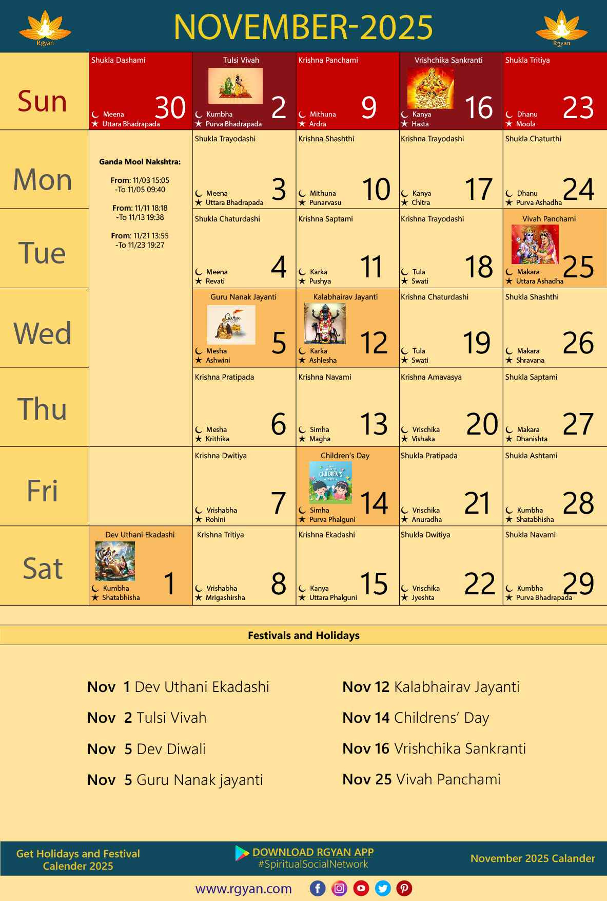 Rgyan: Important Dates In November 2025 - Indian Lunar Calendar with November 2025 Calendar with Holidays